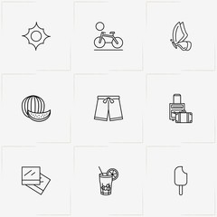 Naklejka premium Summer line icon set with shorts, cocktail and butterfly