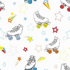 Roller Skates with Stars in rainbow colors vector seamless pattern background.
