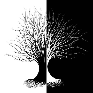 Abstract Black and White Silhouette of a Tree. Element for Your Design. Raster Illustration