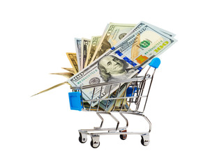 Dollar bills in the shopping cart trolley on white background. Idea: sale of goods, discounts, buying selling, going to the shop. Isolated on white.