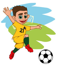 A cartoon soccer player is playing ball in a stadium in uniform Australia. Vector illustration