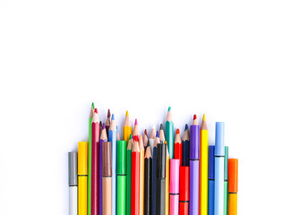 School supplies. Back to School design elements. Colored pencils on white background.