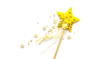 fairy magic star wand with golden sequins, ribbons, rose isolated on white background