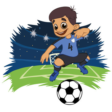 A cartoon soccer player is playing ball in a stadium in uniform Uruguay. Vector illustration