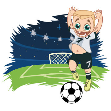 A cartoon soccer player is playing ball in a stadium in uniform Germany. Vector illustration
