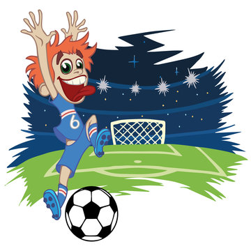 A cartoon soccer player is playing ball in a stadium in uniform Iceland. Vector illustration