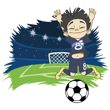 A cartoon soccer player is playing ball in a stadium in uniform Japan. Vector illustration