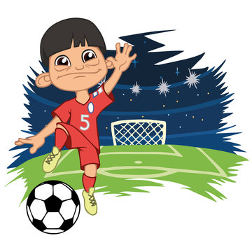 A cartoon soccer player is playing ball in a stadium in uniform Korea. Vector illustration