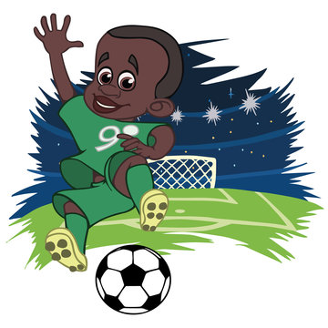 A cartoon soccer player is playing ball in a stadium in uniform Nigeria. Vector illustration