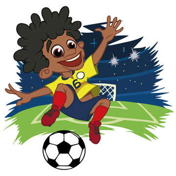 A cartoon soccer player is playing ball in a stadium in uniform Colombia. Vector illustration