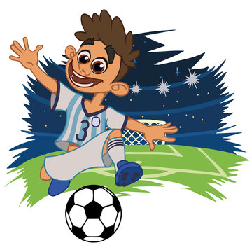 A cartoon soccer player is playing ball in a stadium in uniform Argentina . Vector illustration