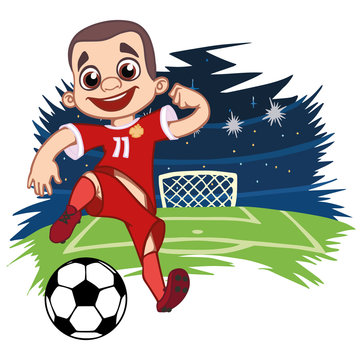 A cartoon soccer player is playing ball in a stadium in uniform Russia. Vector illustration