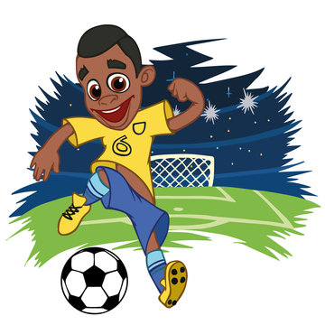 A cartoon soccer player is playing ball in a stadium in uniform Brazil. Vector illustration