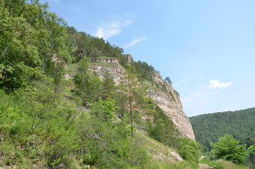 mountain, landscape, rock, nature, sky, mountains, green, forest, hill, summer, blue, stone, peak, tree, travel, cliff, rocks, view, trees, outdoors, cloud, sea, panorama, greece, scenic