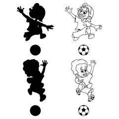 Set of silhouettes and a contour of soccer players playing ball. Vector illustration