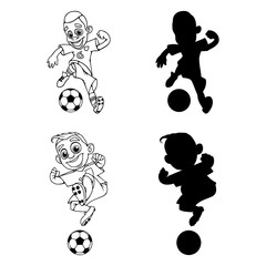 Set of silhouettes and a contour of soccer players playing ball. Vector illustration