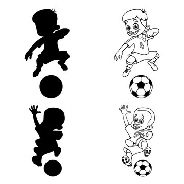 Set of silhouettes and a contour of soccer players playing ball. Vector illustration