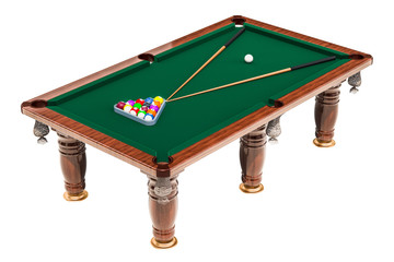 Billiard table with balls and cue, 3D rendering