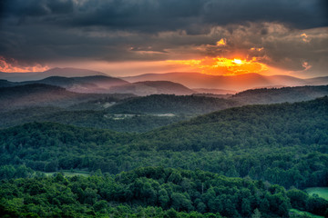 Summer Sun setting on the Blue Ridge Mountains in North Carolina