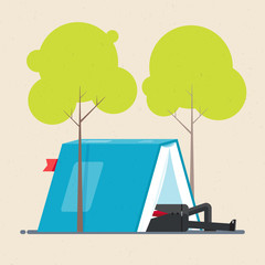 Businessman is resting in tent under trees. The tent in form of open book. Business concept