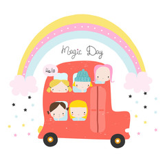Happy girls in the car under the rainbow. Childish graphic. Vector hand drawn illustration.