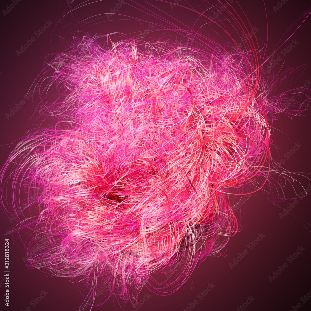 Poster Curl noise flow abstract pink lines. 3d rendering