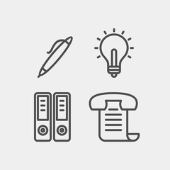 Office workplace flat vector icons set. Light bulb, pen, documents, fax flat vector icons