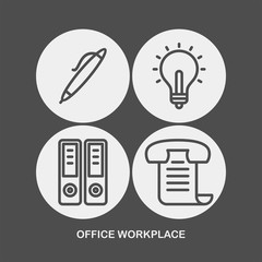 Office workplace flat vector icons set. Light bulb, pen, documents, fax flat vector icons