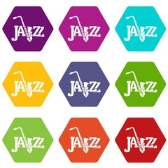 Saxophone icons 9 set coloful isolated on white for web