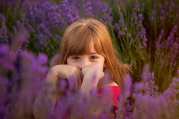 portrait of a little girl in a lavender field. smiling happy look.