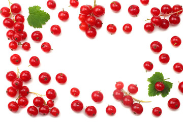 red currant with green leaf isolated on a white background. healthy food. top view
