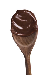 Melted dark chocolate wood spoon isolated on white background.