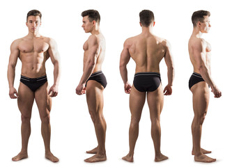 Four views of muscular shirtless male bodybuilder: back, front and profile shot, isolated on white background