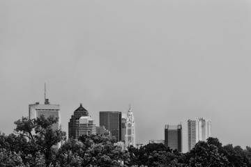 Looking south at the city of Columbus, Ohio skyline.  The black and white image provides plenty of copy space.