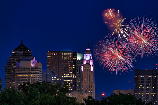 Fireworks explode over the city of Columbus, Ohio during the annual red, white and boom celebration for the fourth of July.
