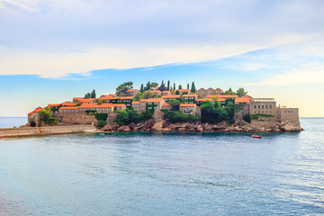 Famous island Sveti Stefan in Adriatic sea at Montenegro, gorgeous summer seascape