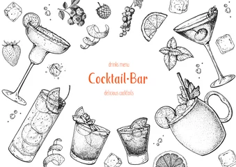 Foto op Plexiglas Alcoholic cocktails hand drawn vector illustration. Cocktails sketch set. Engraved style. © DiViArts