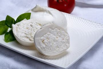 Fresh soft white burrata, ball buttery cheese, made from a mix of mozzarella and ricotta cream, original from Apulia region, Italy, very popular soft cheese in USA