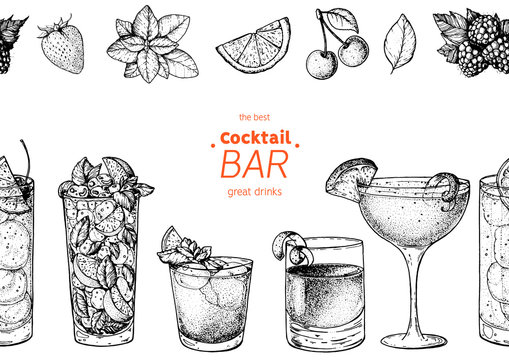 Alcoholic cocktails hand drawn vector illustration. Cocktails sketch set. Engraved style.