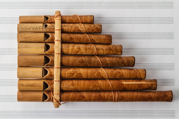 Pan flute and sheet music background