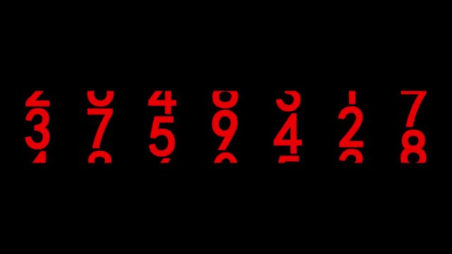 Red numerals of the counter on black background. Seamless loop 3d animation.
