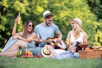 Happy young friends having picnic in the park