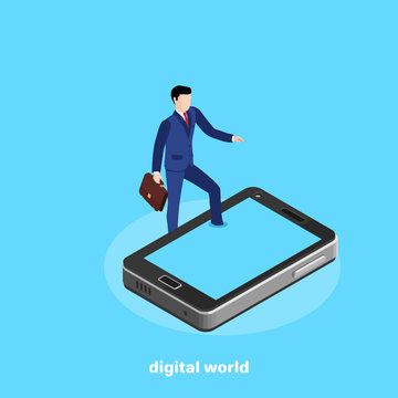 a man in a business suit comes to the smartphone screen, isometric image