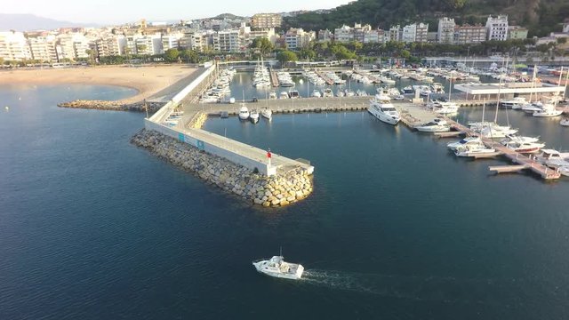 Port of Blanes, Costa Brava, Spain, aerial view, raw, 4K