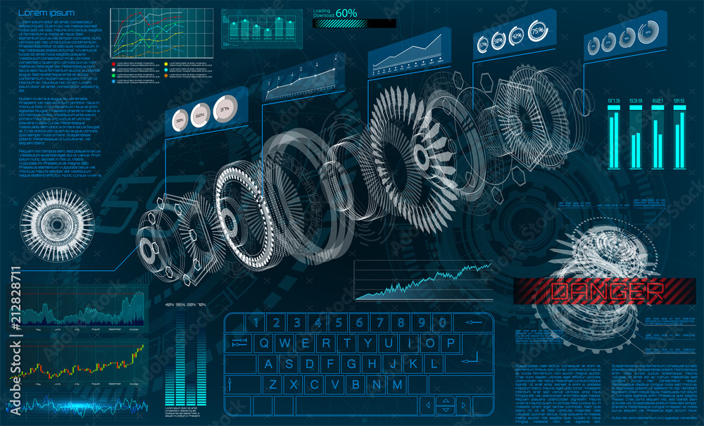 Leinwandbilder HUD UI for business app. Futuristic 3d isometric jet engine, mechanism. Virtual interface statistic and diagrams. HUD UI infographic, interface screen, set futuristic interface elements! Vector