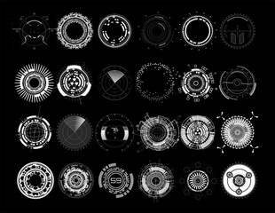 Set circle elements in a futuristic (HUD) style.Interface Device: Radars, crosshair, aim, turbojets, hours, mechanisms. Vector set elements HUD, UI, FI, SCI, GU