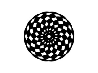 Black checkered mandala on white background. Mandala decor vector element. Round stamp template.