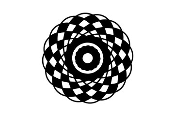 Obraz premium Black vector mandala on white background. Checkered mandala decor element. Round stamp template.