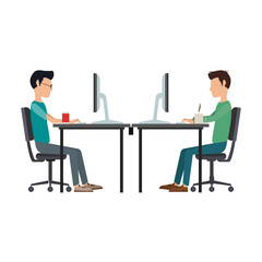 Fototapeta premium Mens working with computers at office vector illustration graphic design