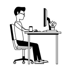 Young man working with computer at desk vector illustration graphic design